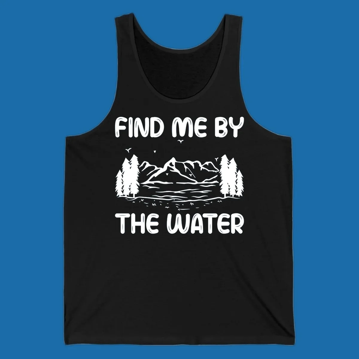 Find me by the water mountain lake scene illustration