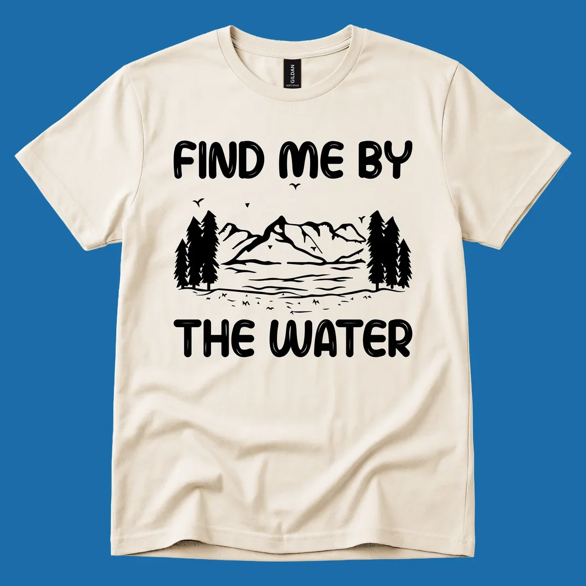 Find me by the water mountain lake scene illustration