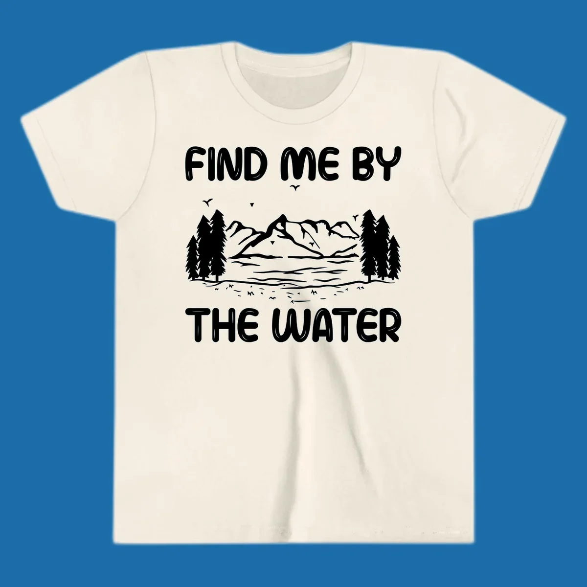 Find me by the water mountain lake scene illustration