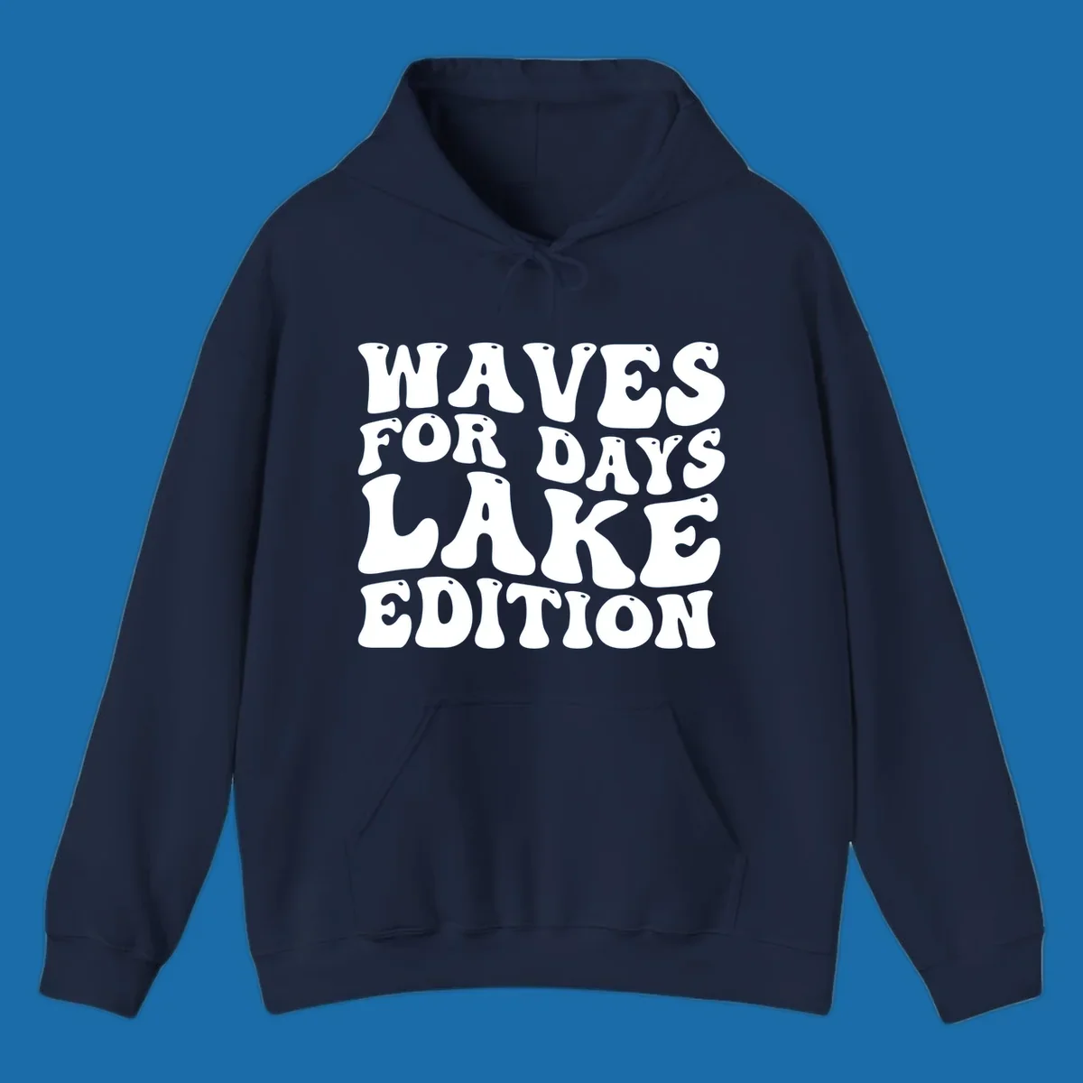 Retro bubbly white text: Waves For Days Lake Edition on black background.