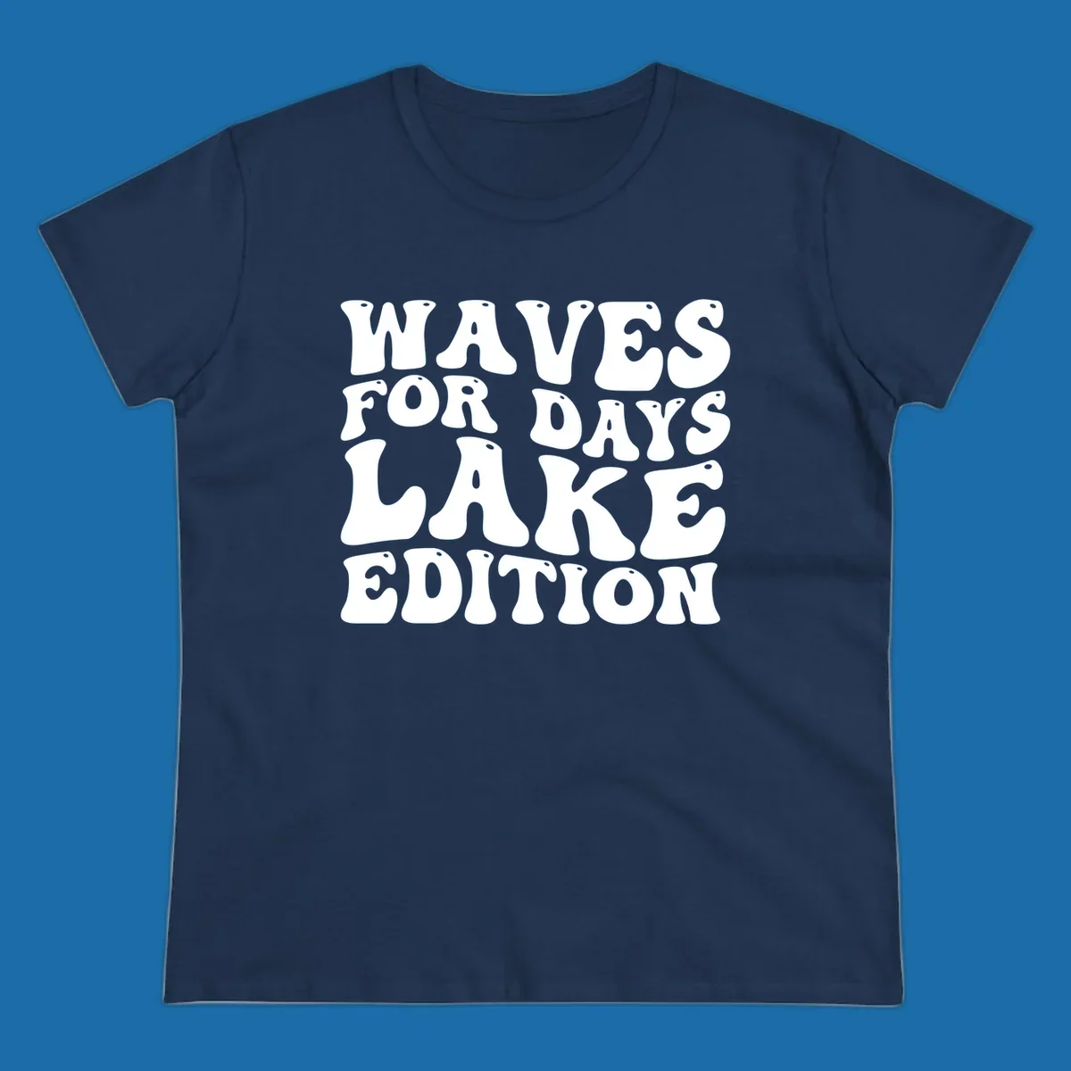 Retro bubbly white text: Waves For Days Lake Edition on black background.