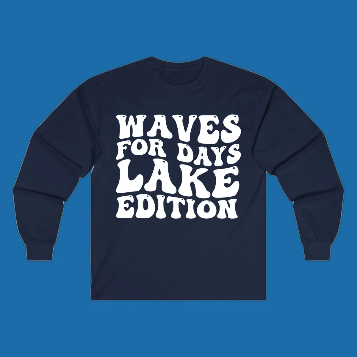 Retro bubbly white text: Waves For Days Lake Edition on black background.