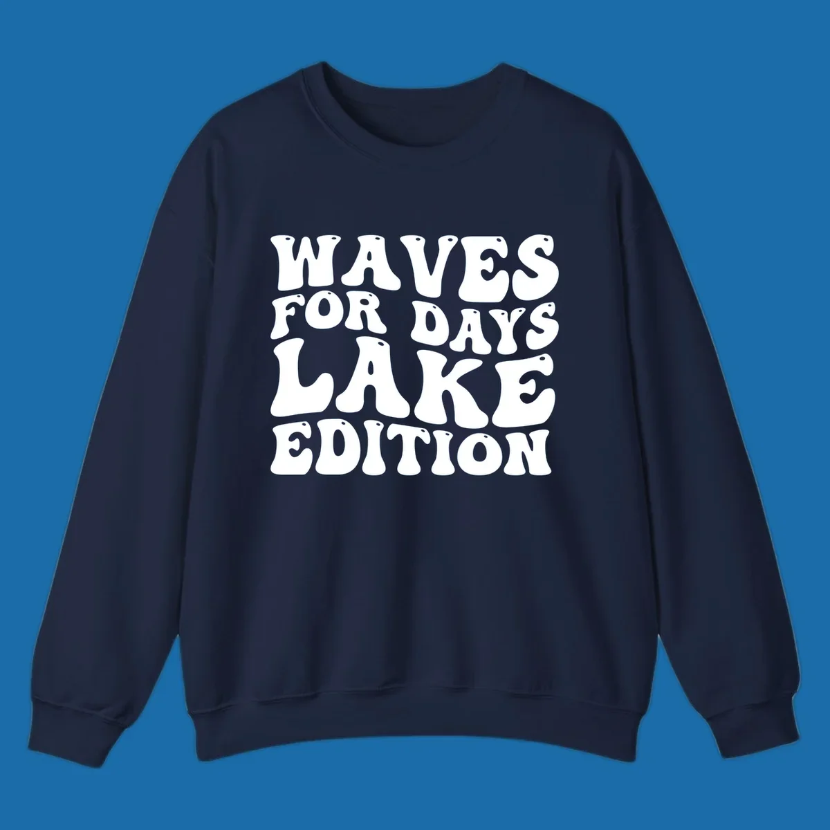 Retro bubbly white text: Waves For Days Lake Edition on black background.