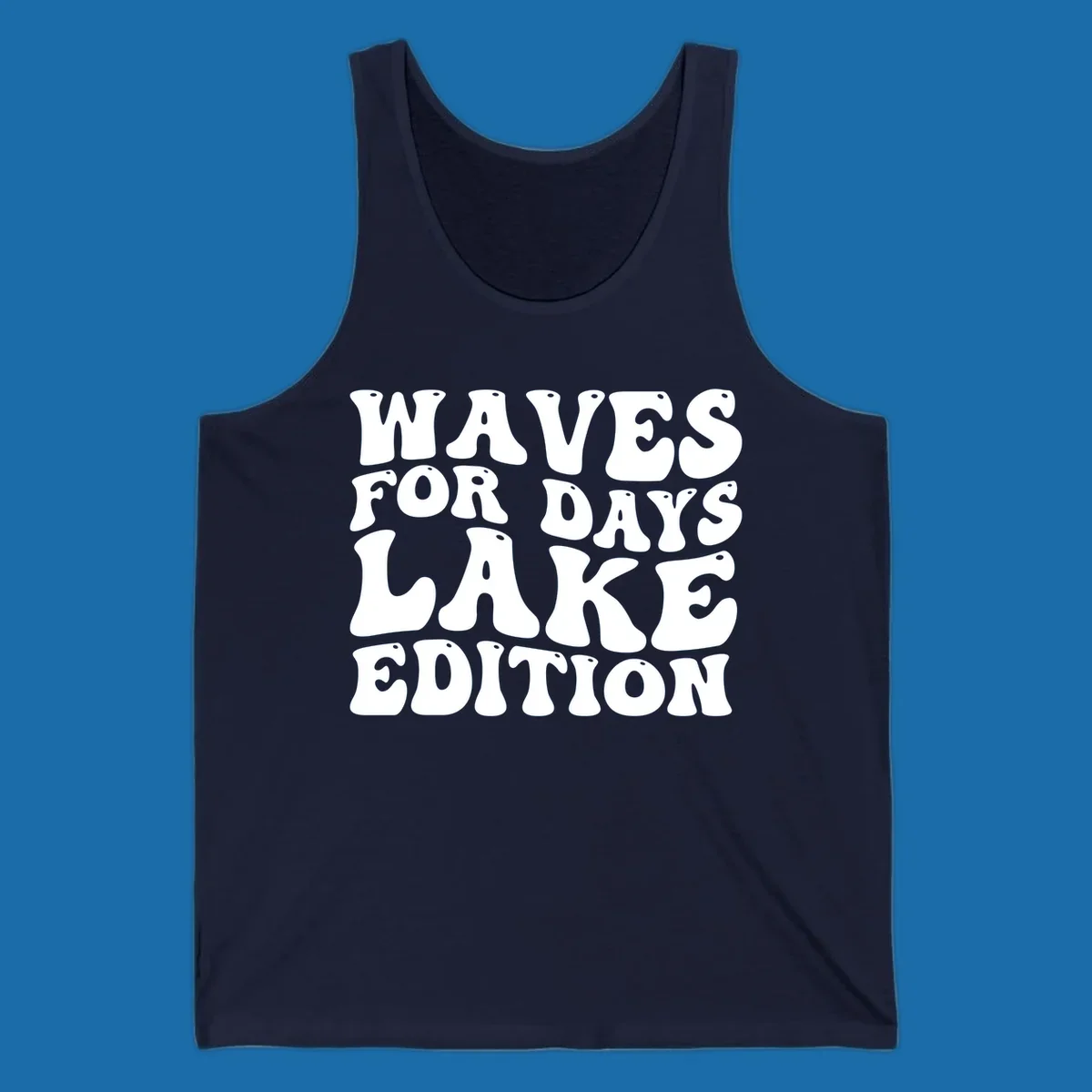 Retro bubbly white text: Waves For Days Lake Edition on black background.