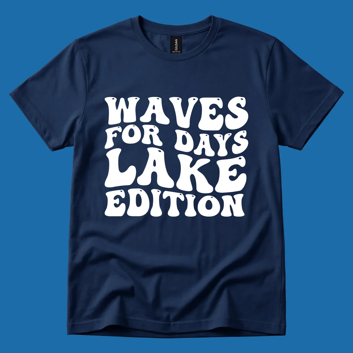 Retro bubbly white text: Waves For Days Lake Edition on black background.