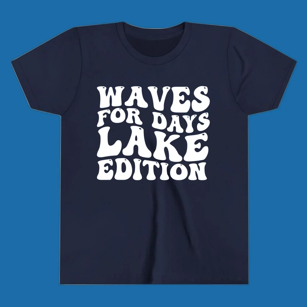 Retro bubbly white text: Waves For Days Lake Edition on black background.
