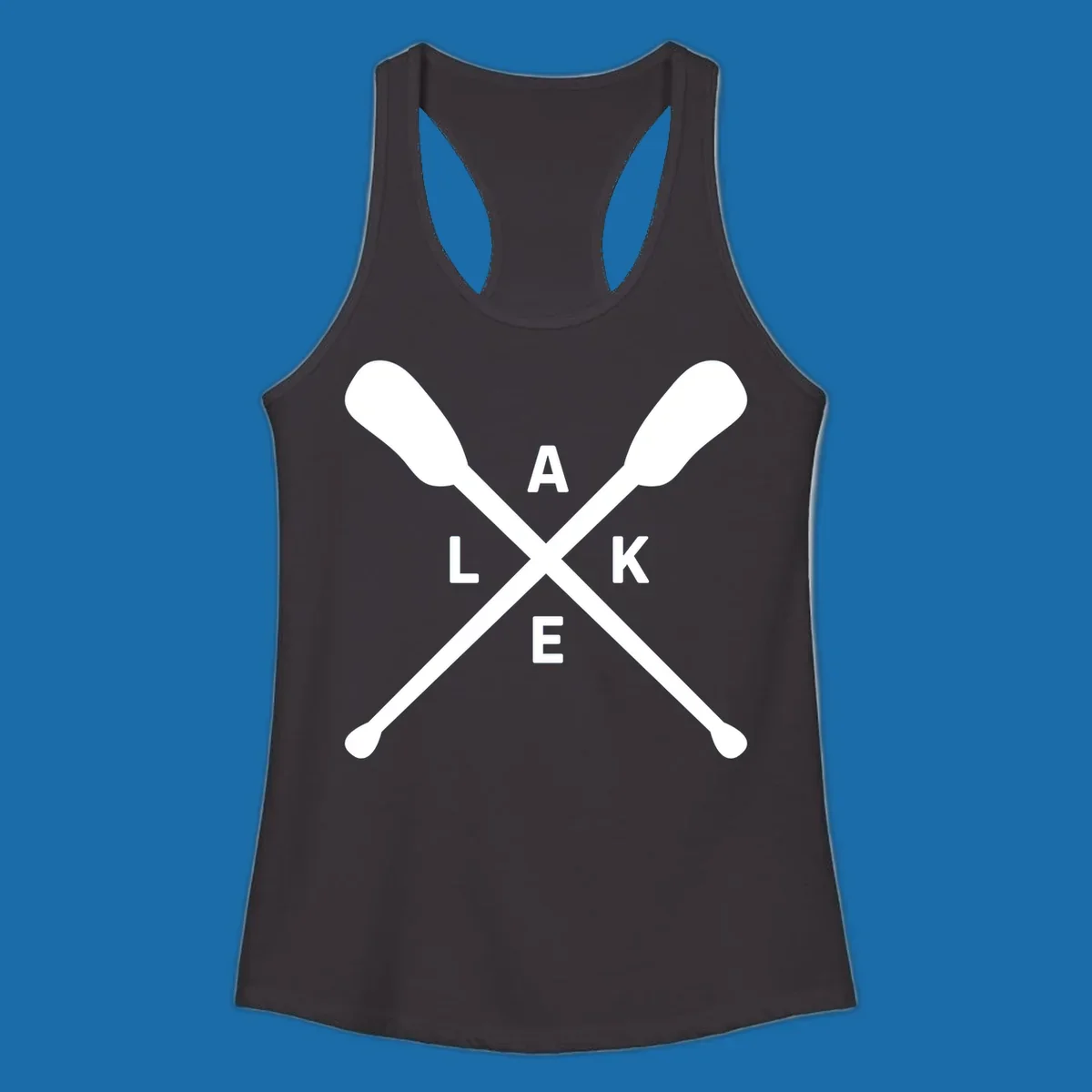 Crossed oars with the word LAKE in the center, representing lake day adventures.