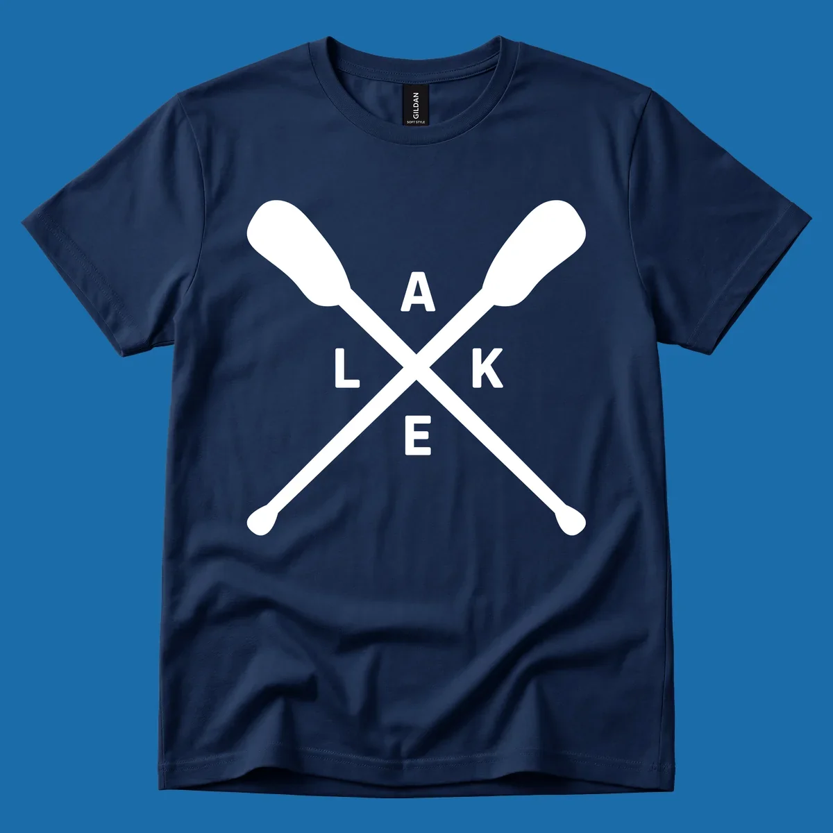 Crossed oars with the word LAKE in the center, representing lake day adventures.