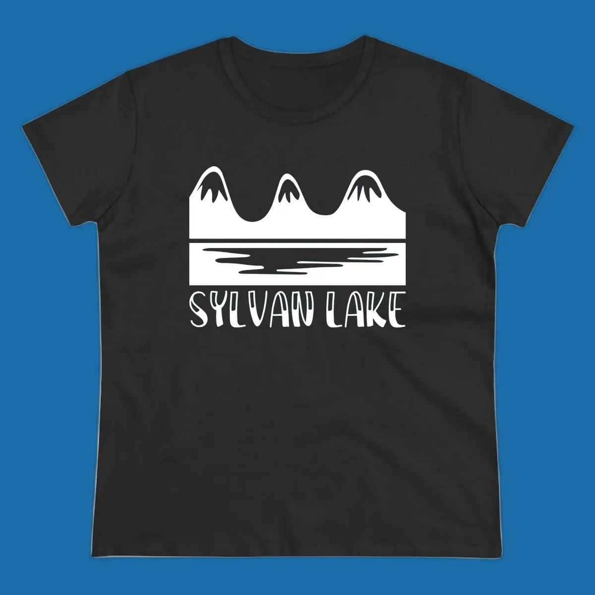 Sylvan Lake mountains reflected in water, with text 'SYLVAN LAKE'.
