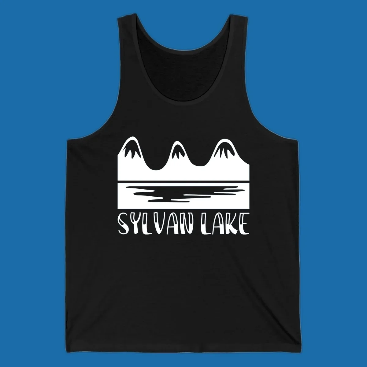 Sylvan Lake mountains reflected in water, with text 'SYLVAN LAKE'.