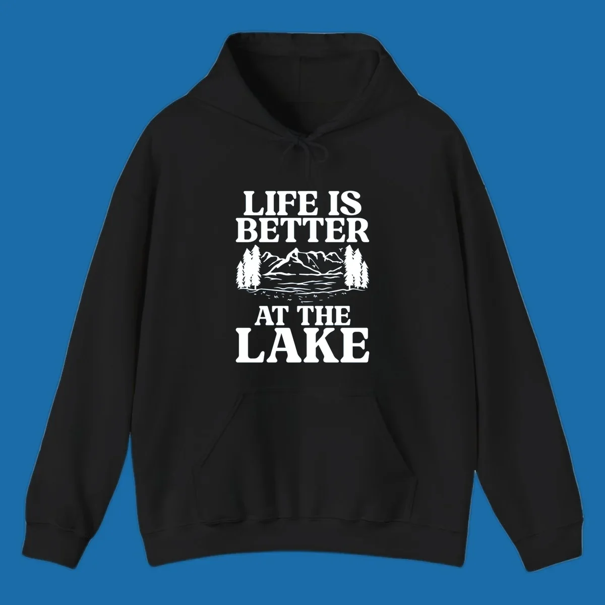 Life is better at the lake scenic design with mountains, lake, and trees