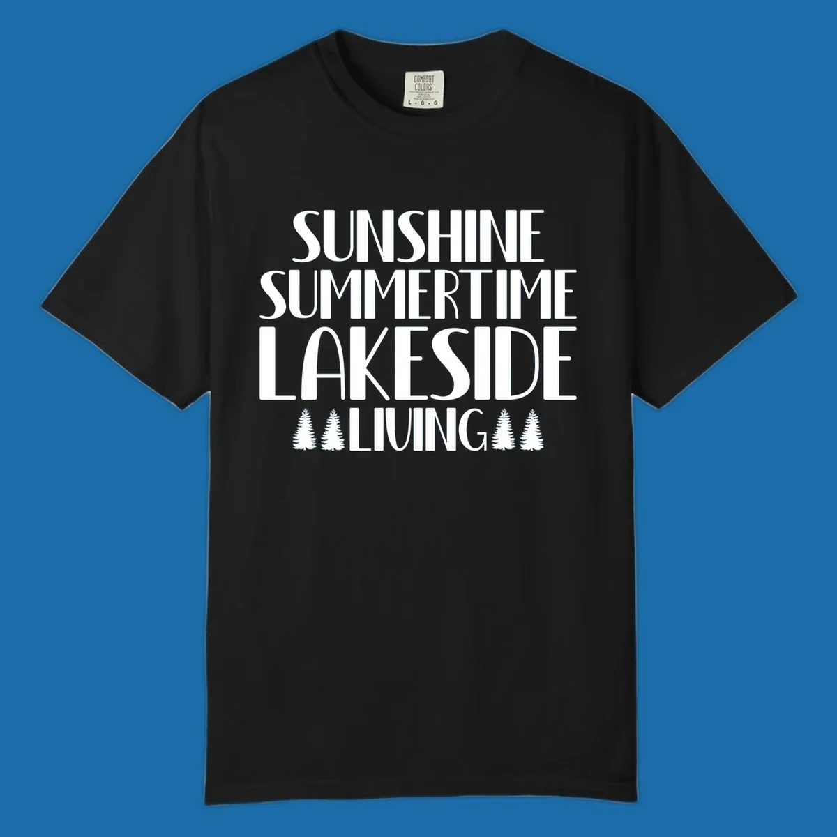 Sunshine summertime lakeside living text with pine trees, white on black and white backgrounds.