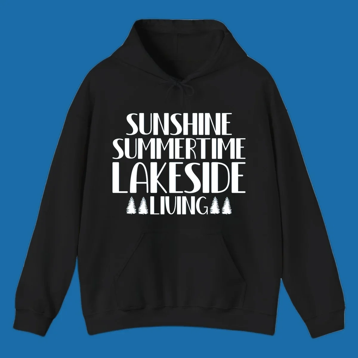 Sunshine summertime lakeside living text with pine trees, white on black and white backgrounds.