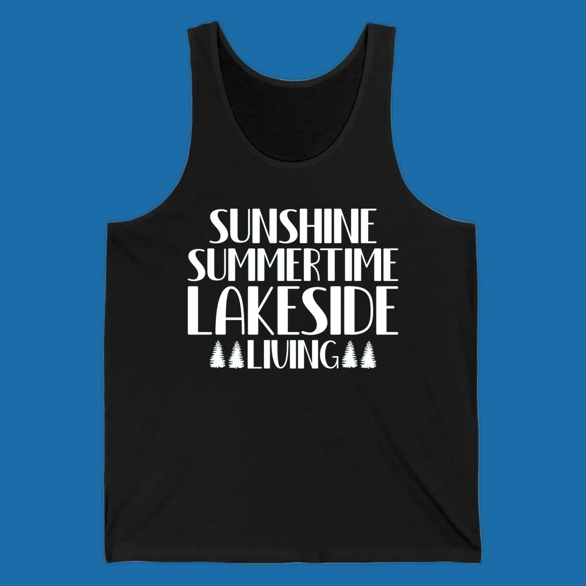 Sunshine summertime lakeside living text with pine trees, white on black and white backgrounds.