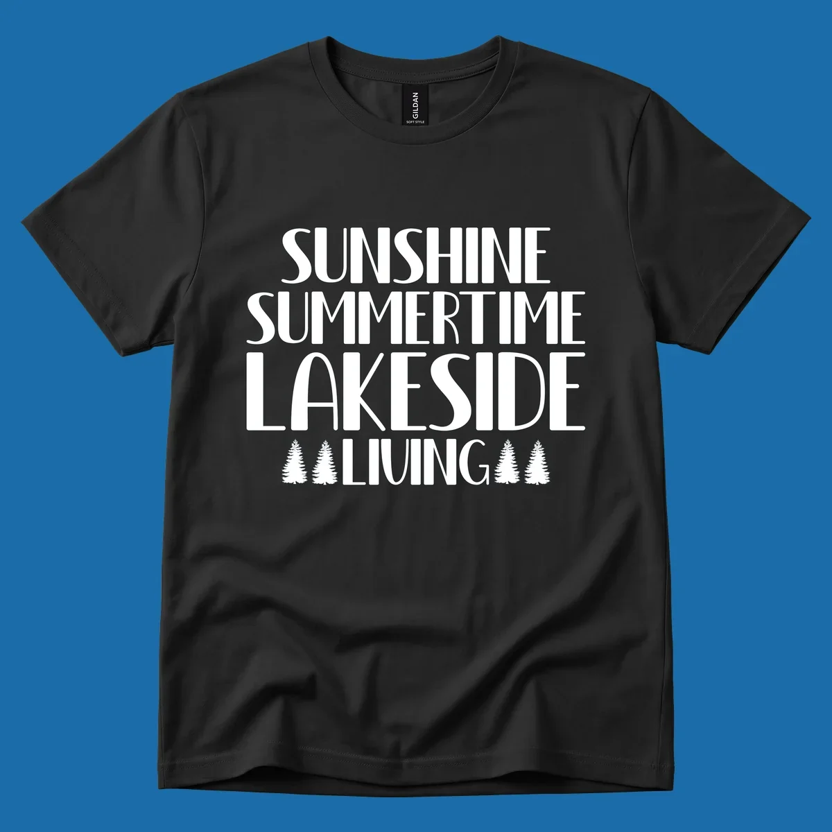 Sunshine summertime lakeside living text with pine trees, white on black and white backgrounds.