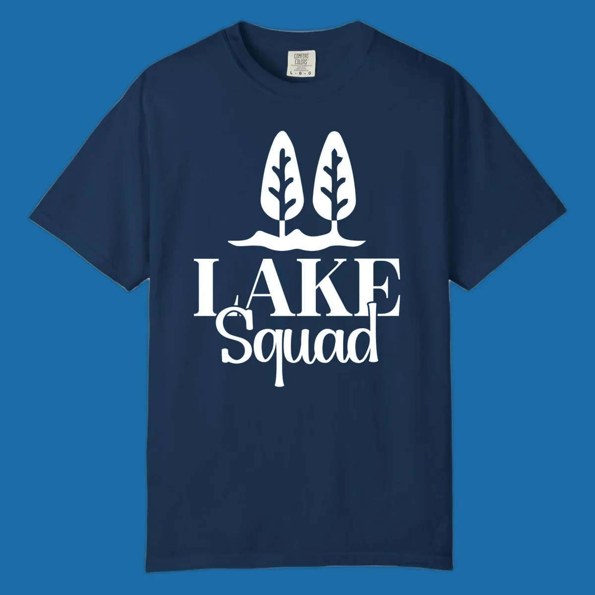 White trees and text 'LAKE Squad' for lake squad trees design.