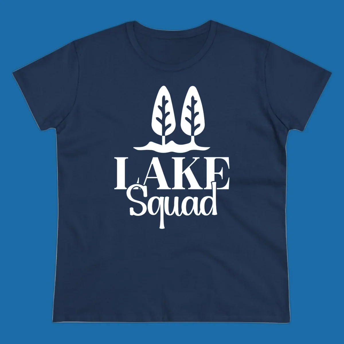 White trees and text 'LAKE Squad' for lake squad trees design.