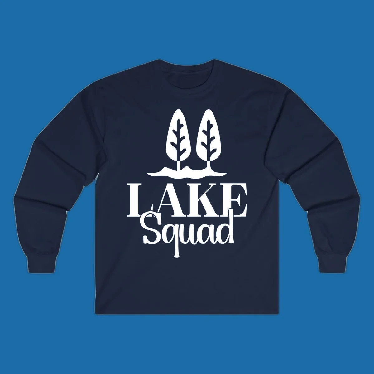 White trees and text 'LAKE Squad' for lake squad trees design.
