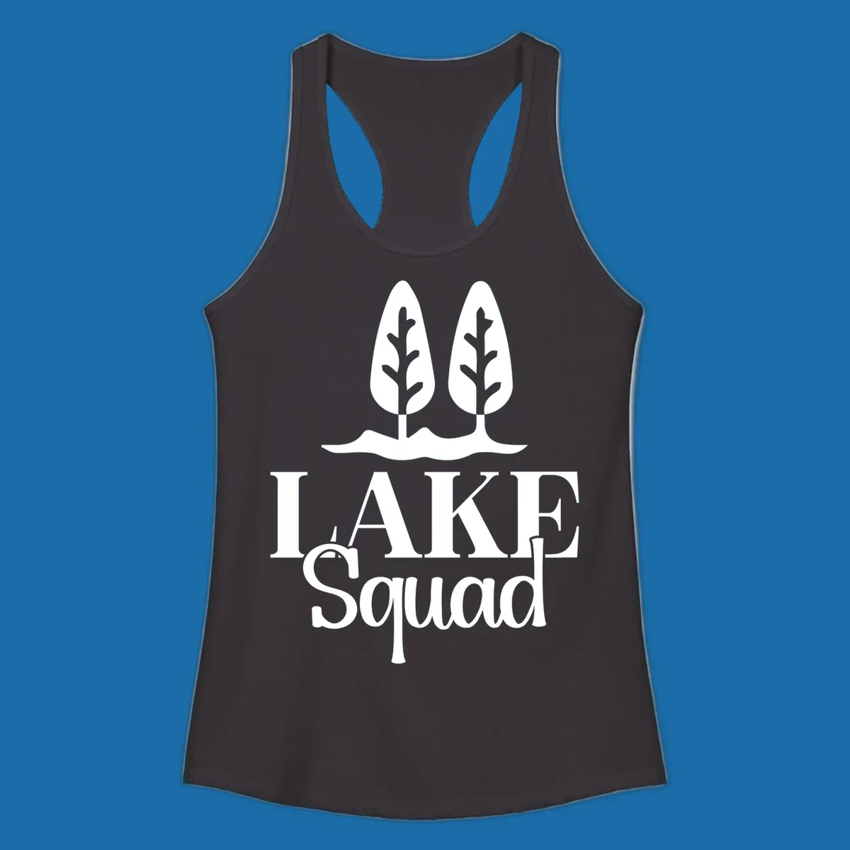 White trees and text 'LAKE Squad' for lake squad trees design.