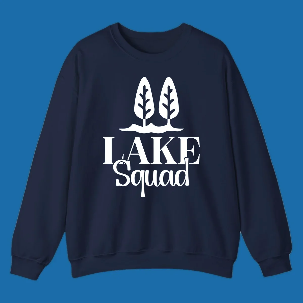 White trees and text 'LAKE Squad' for lake squad trees design.