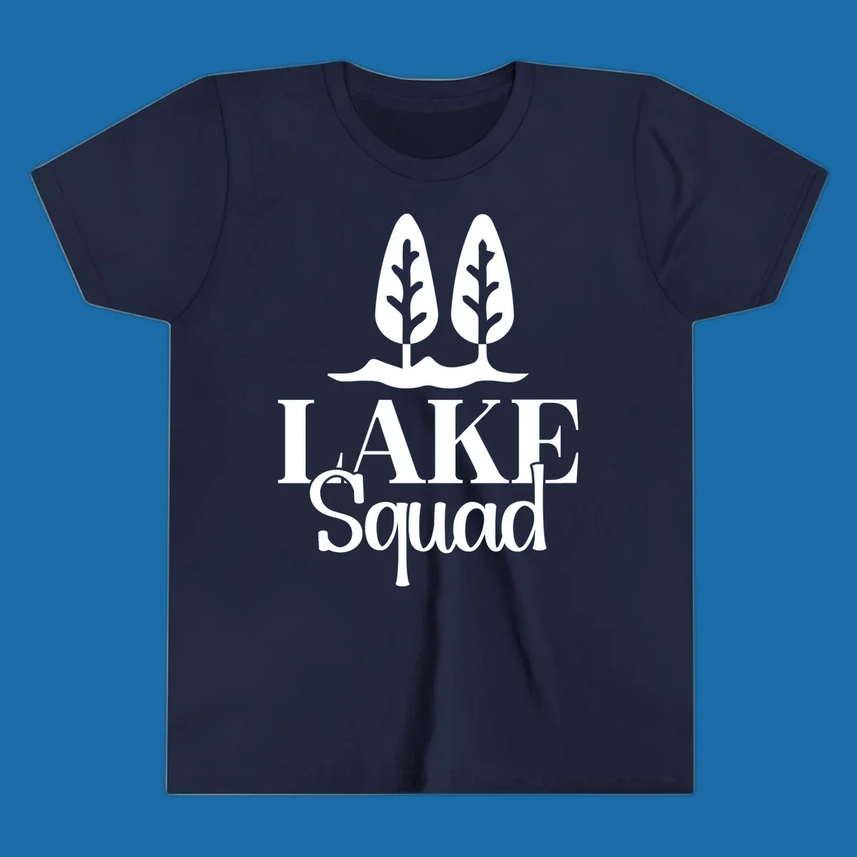 White trees and text 'LAKE Squad' for lake squad trees design.