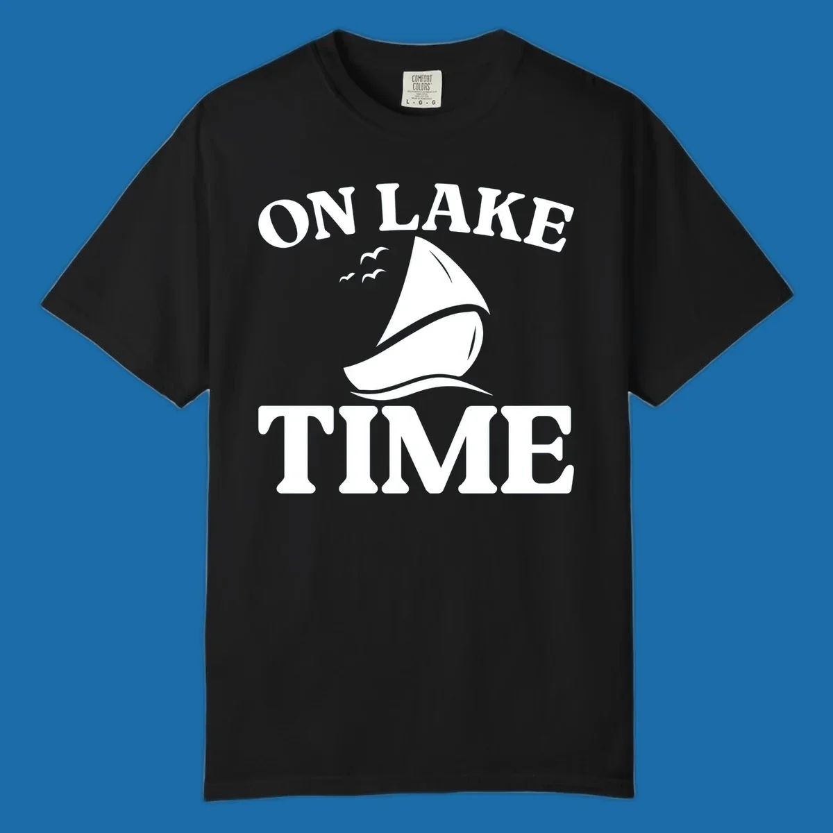 On lake time sailboat graphic with birds and waves.