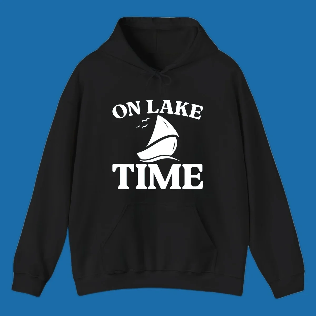 On lake time sailboat graphic with birds and waves.