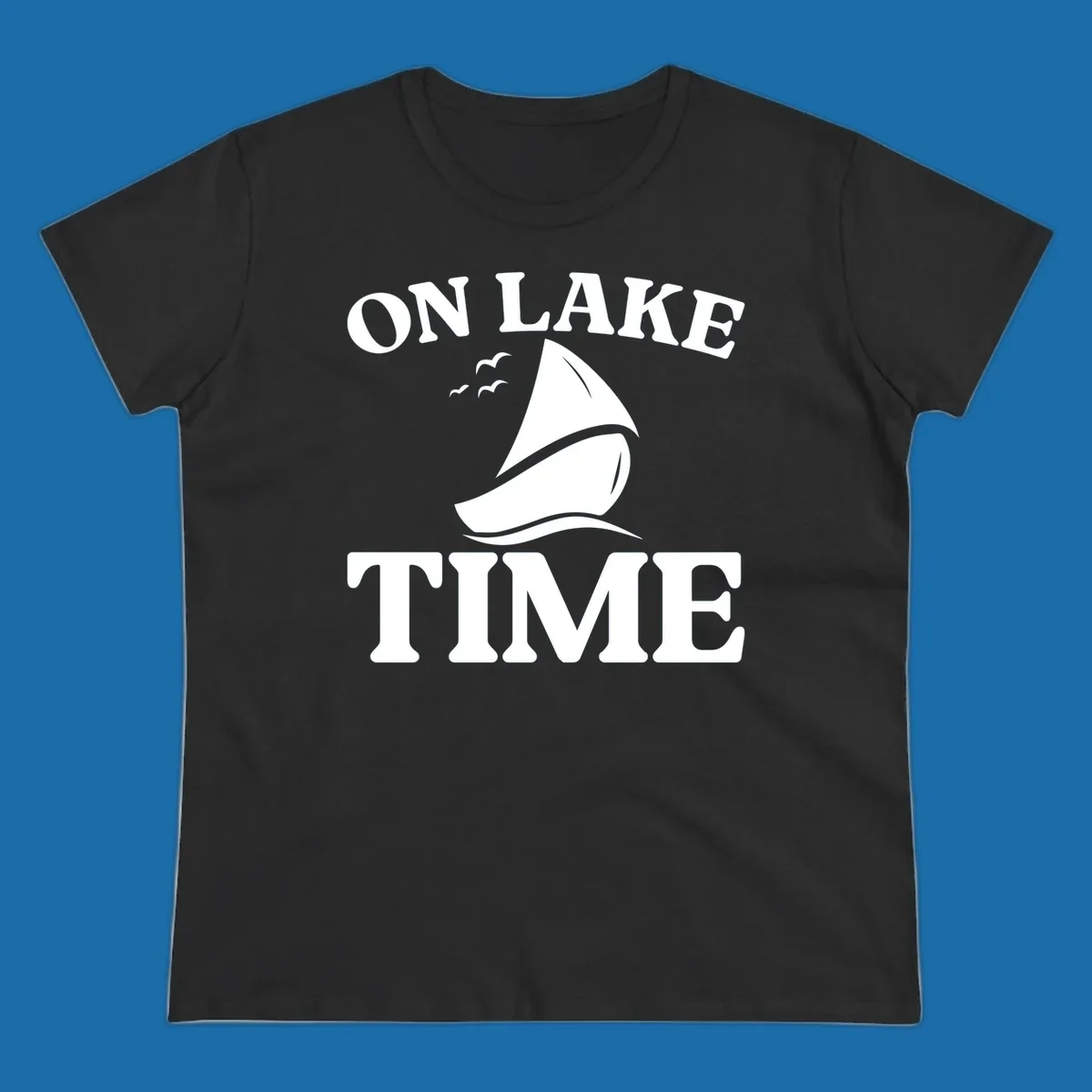 On lake time sailboat graphic with birds and waves.