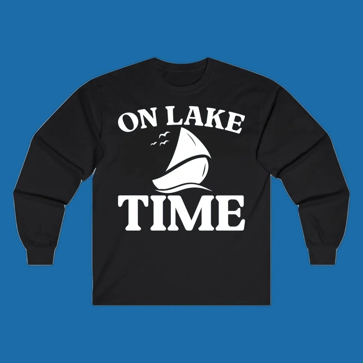 On lake time sailboat graphic with birds and waves.