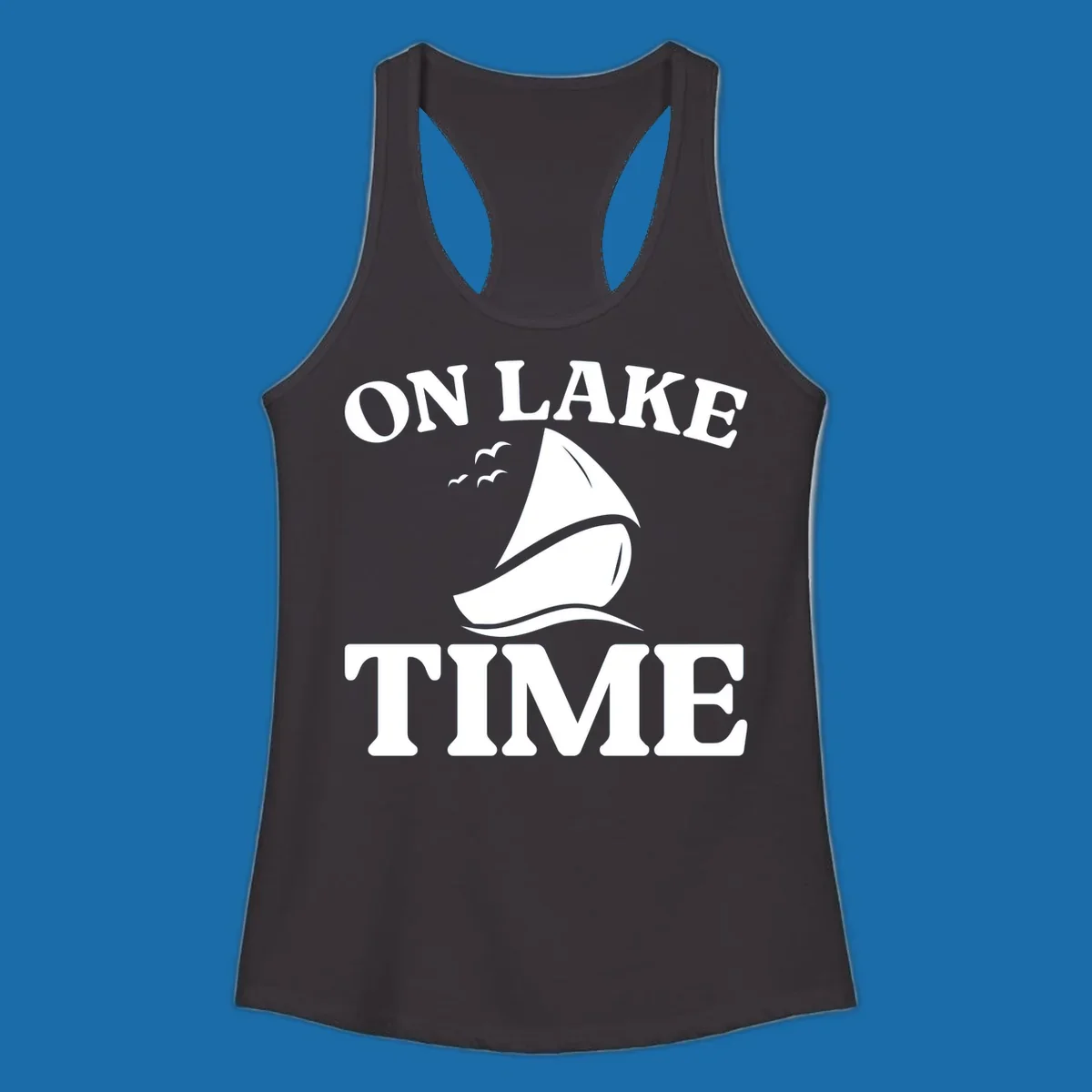 On lake time sailboat graphic with birds and waves.