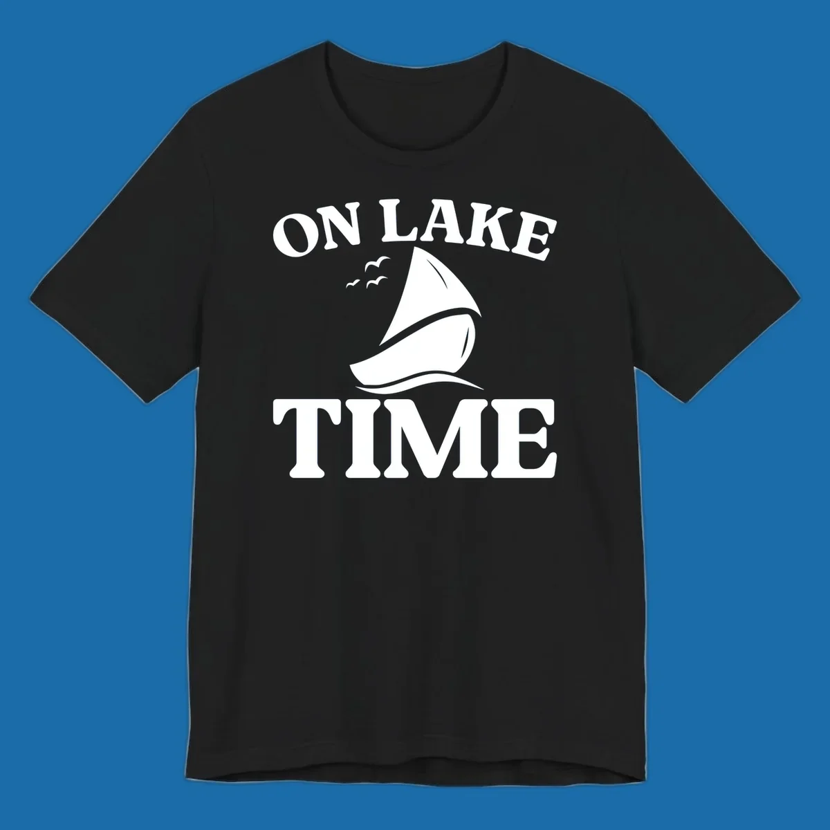 On lake time sailboat graphic with birds and waves.