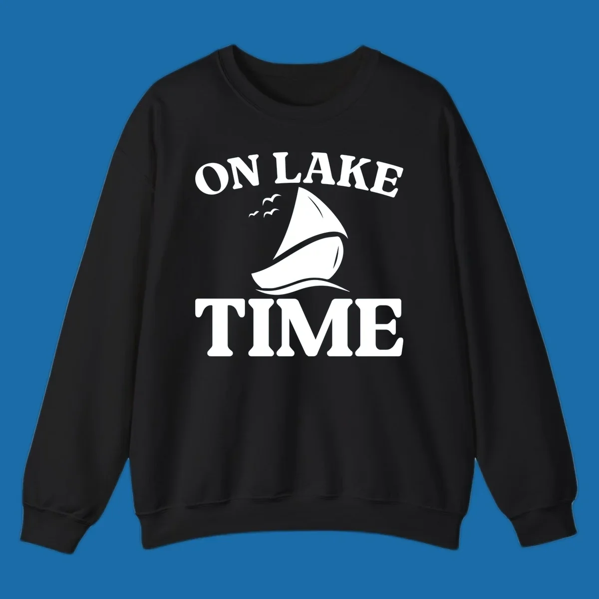 On lake time sailboat graphic with birds and waves.