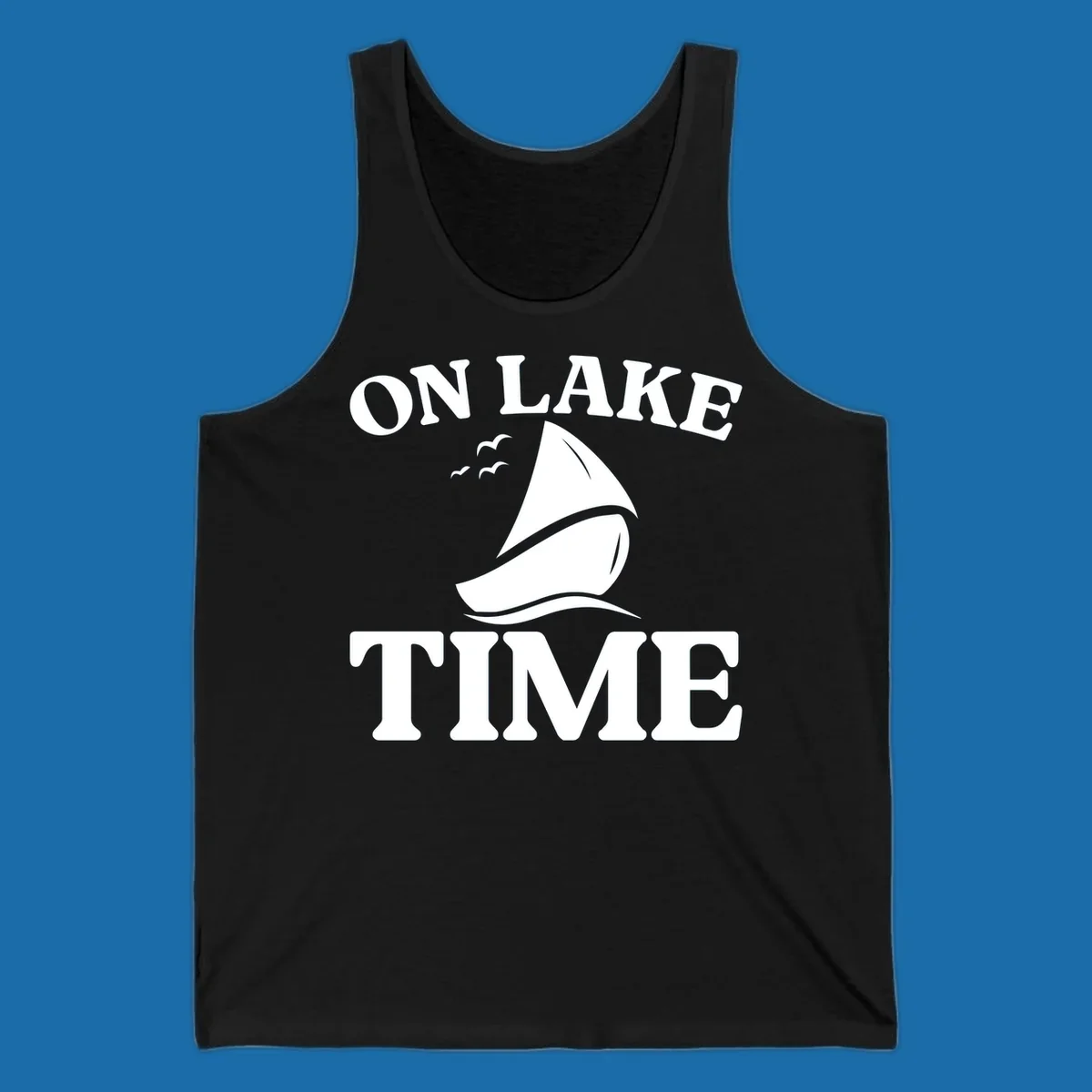 On lake time sailboat graphic with birds and waves.
