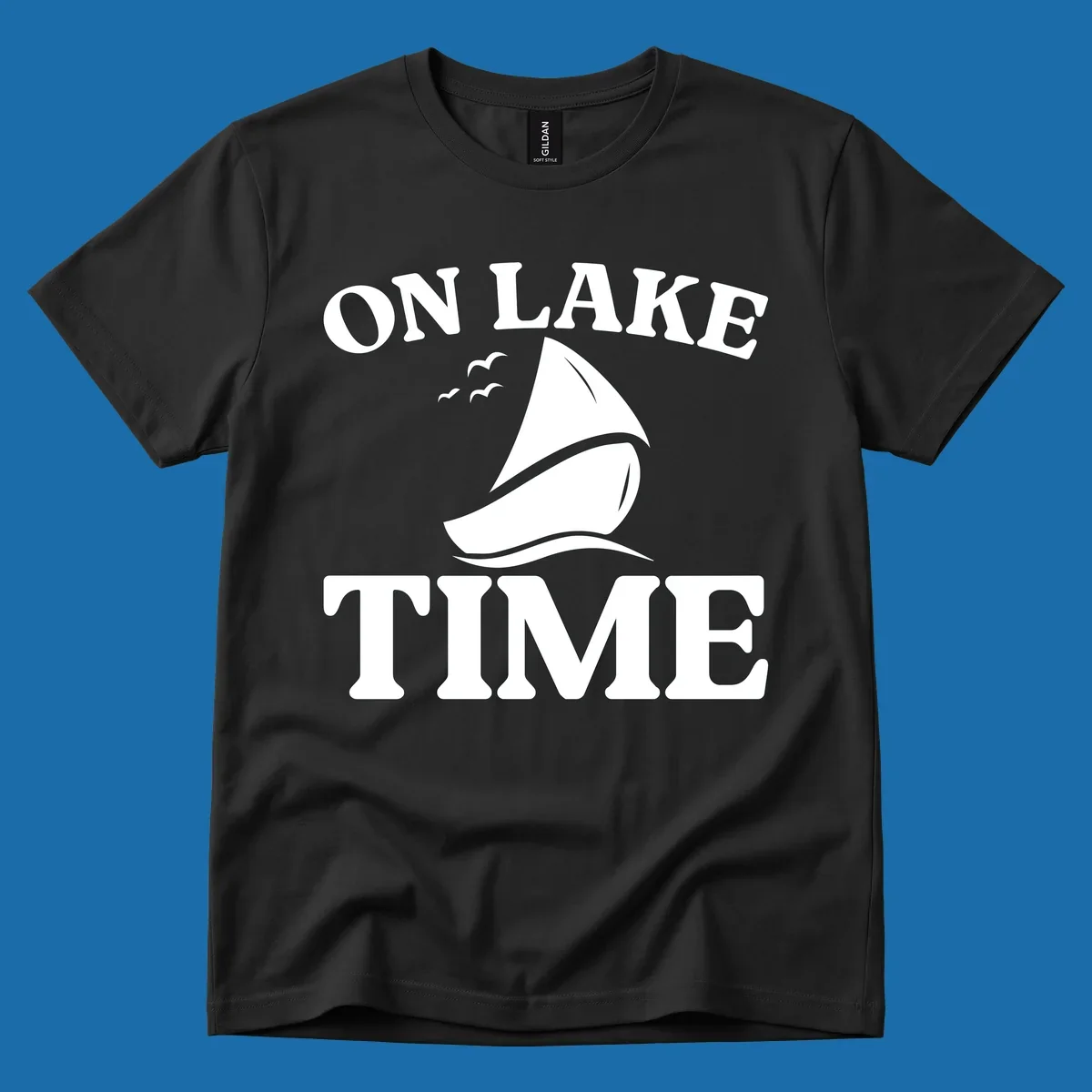 On lake time sailboat graphic with birds and waves.