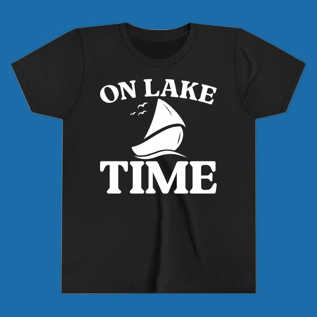 On lake time sailboat graphic with birds and waves.