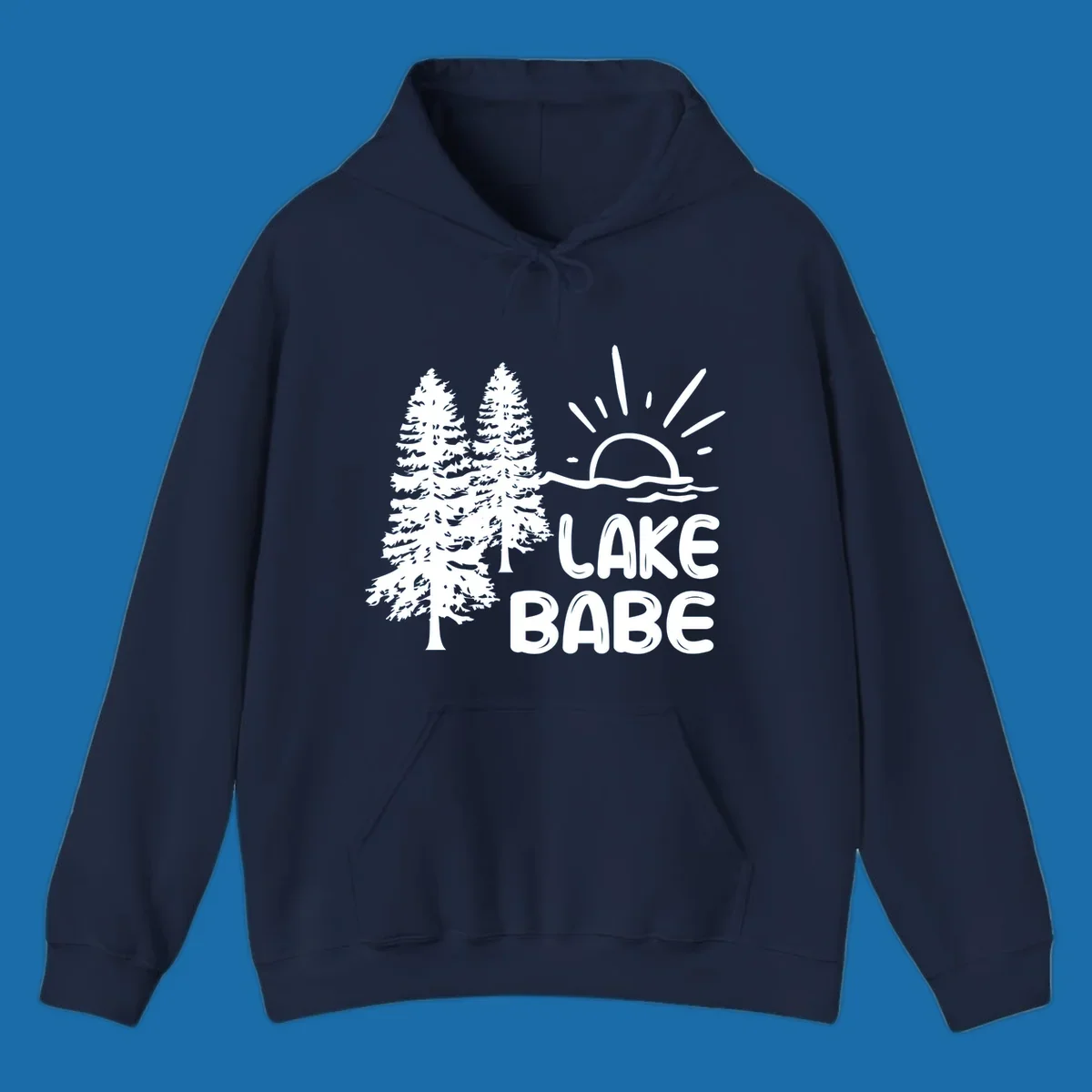 White graphic of pine trees, sun rising over water, and text 'LAKE BABE' on a black background.