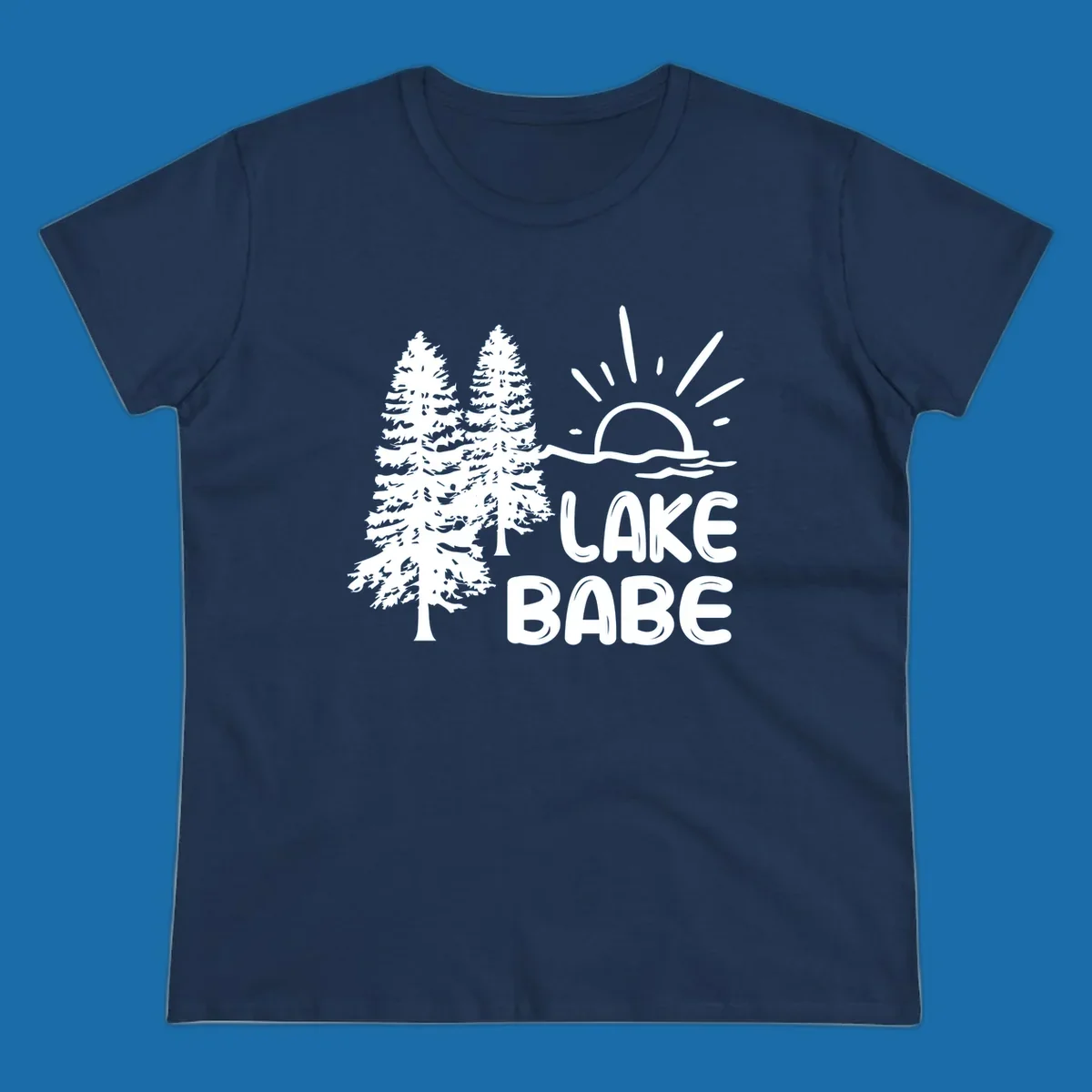 White graphic of pine trees, sun rising over water, and text 'LAKE BABE' on a black background.