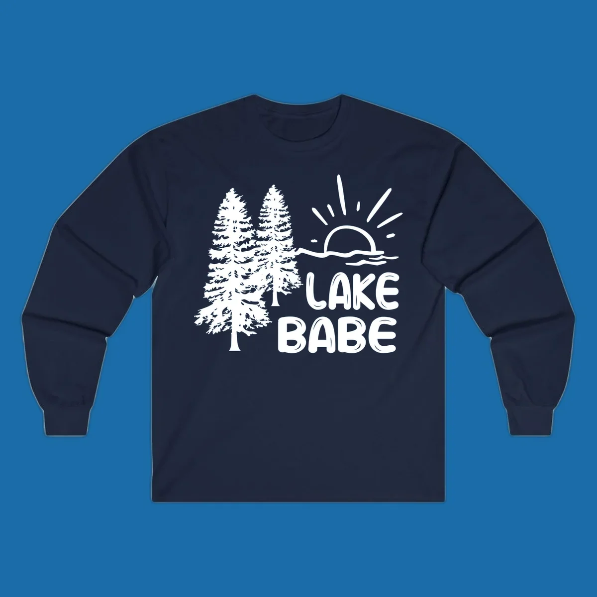 White graphic of pine trees, sun rising over water, and text 'LAKE BABE' on a black background.