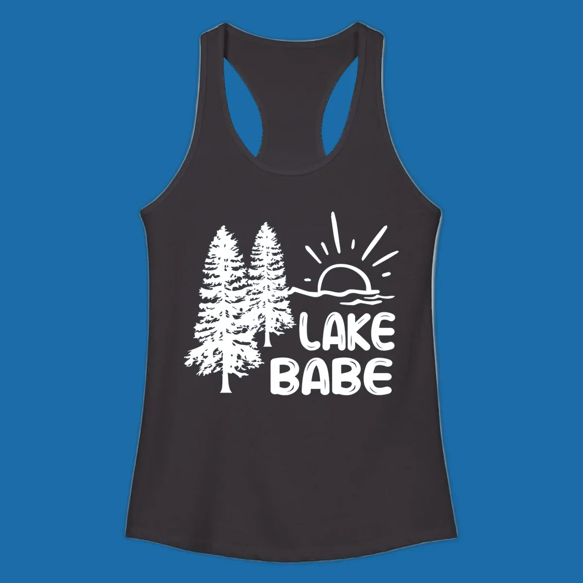 White graphic of pine trees, sun rising over water, and text 'LAKE BABE' on a black background.