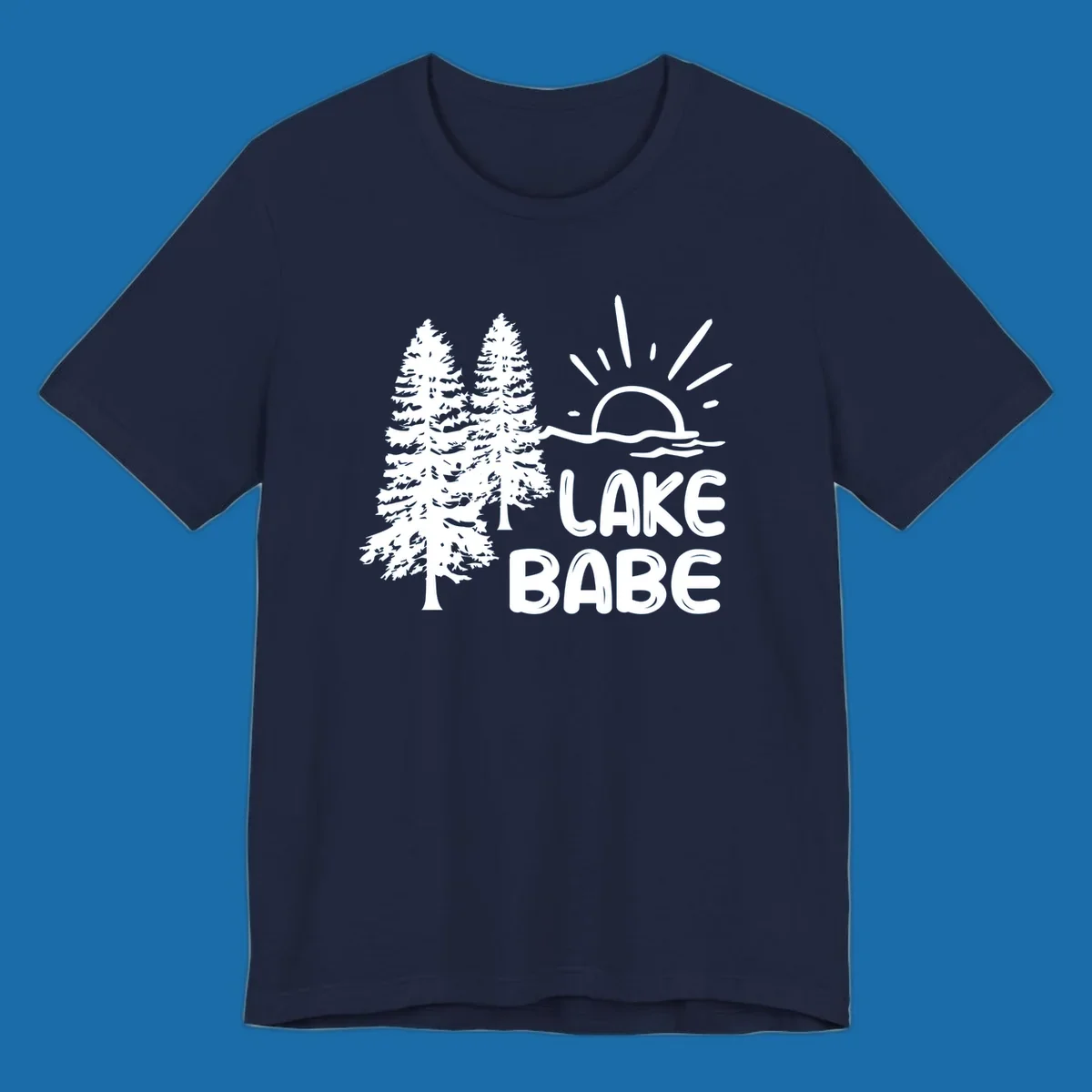 White graphic of pine trees, sun rising over water, and text 'LAKE BABE' on a black background.