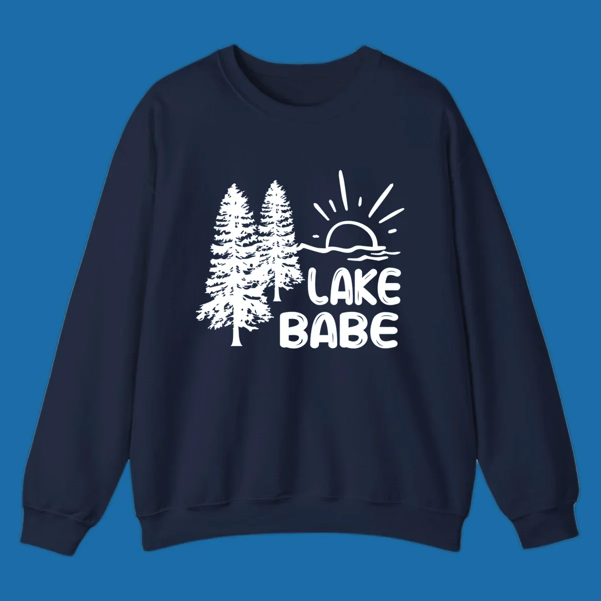 White graphic of pine trees, sun rising over water, and text 'LAKE BABE' on a black background.