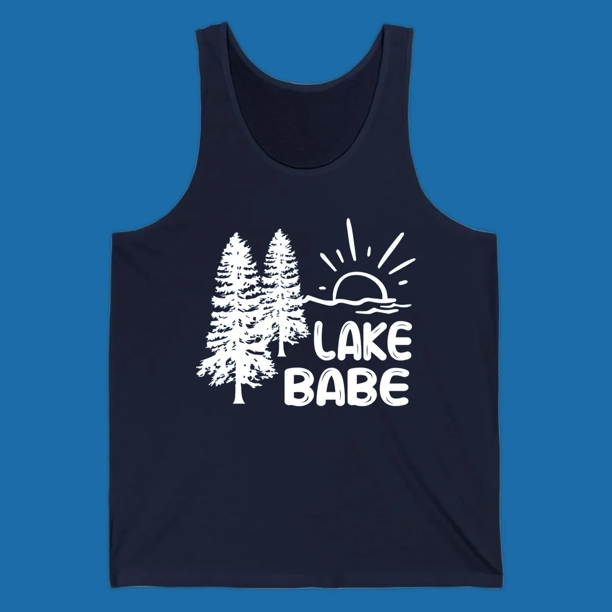 White graphic of pine trees, sun rising over water, and text 'LAKE BABE' on a black background.