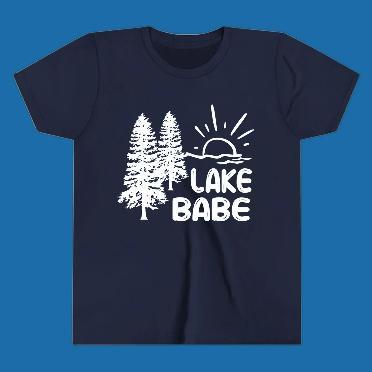 White graphic of pine trees, sun rising over water, and text 'LAKE BABE' on a black background.