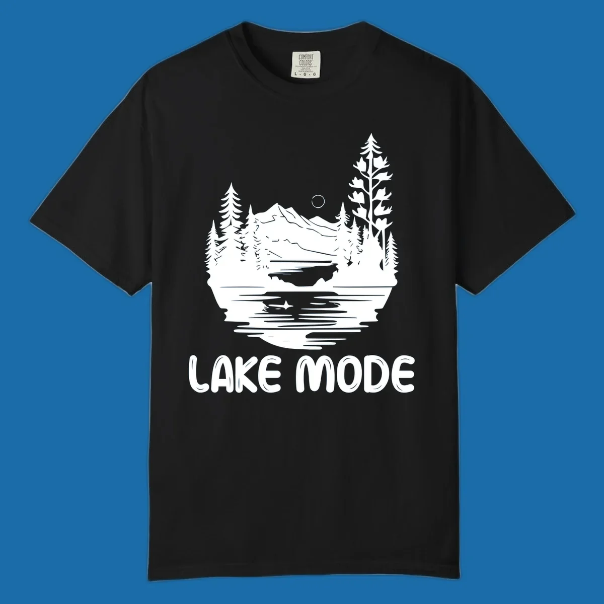 Lake mode mountain landscape with trees and moon, text 'LAKE MODE'.