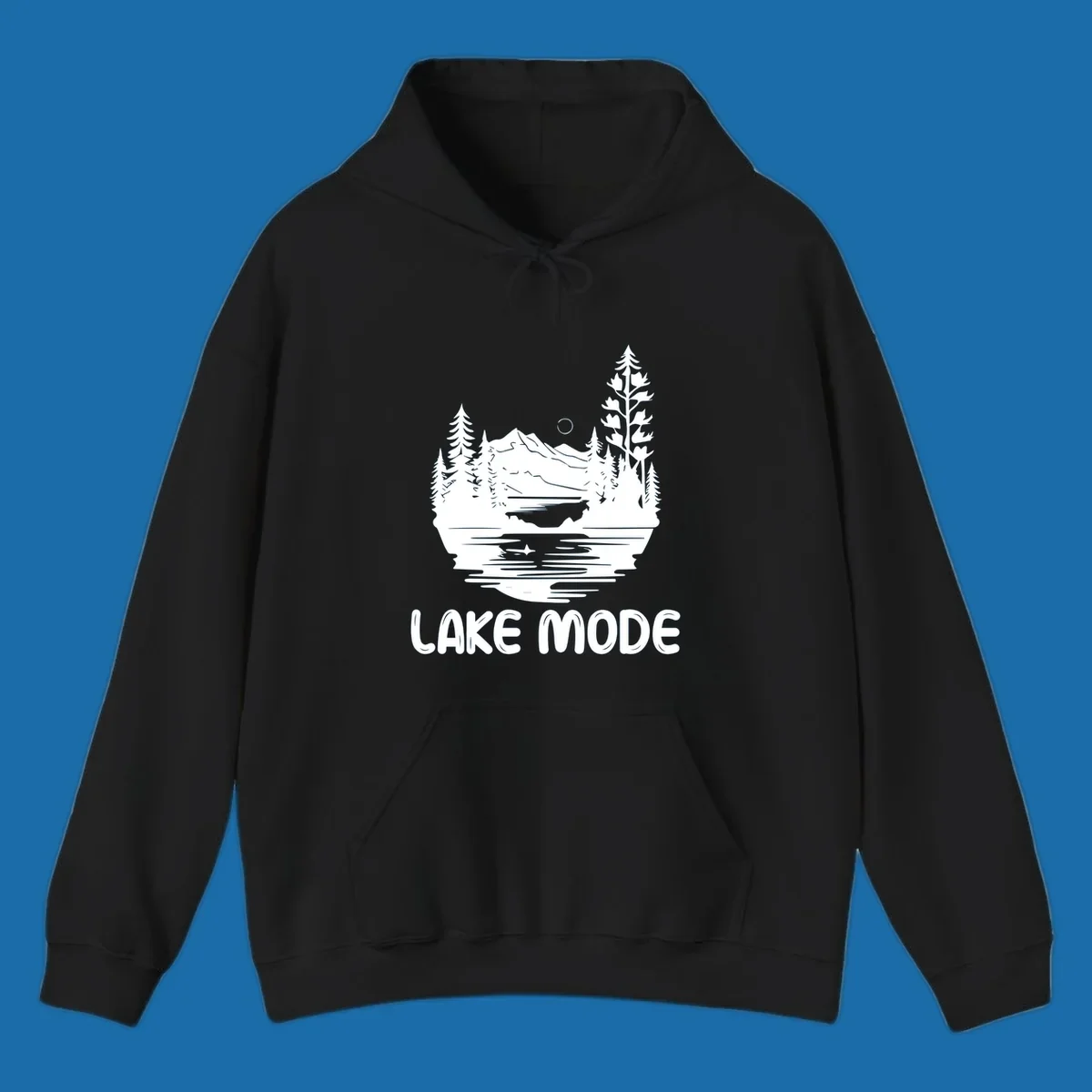 Lake mode mountain landscape with trees and moon, text 'LAKE MODE'.