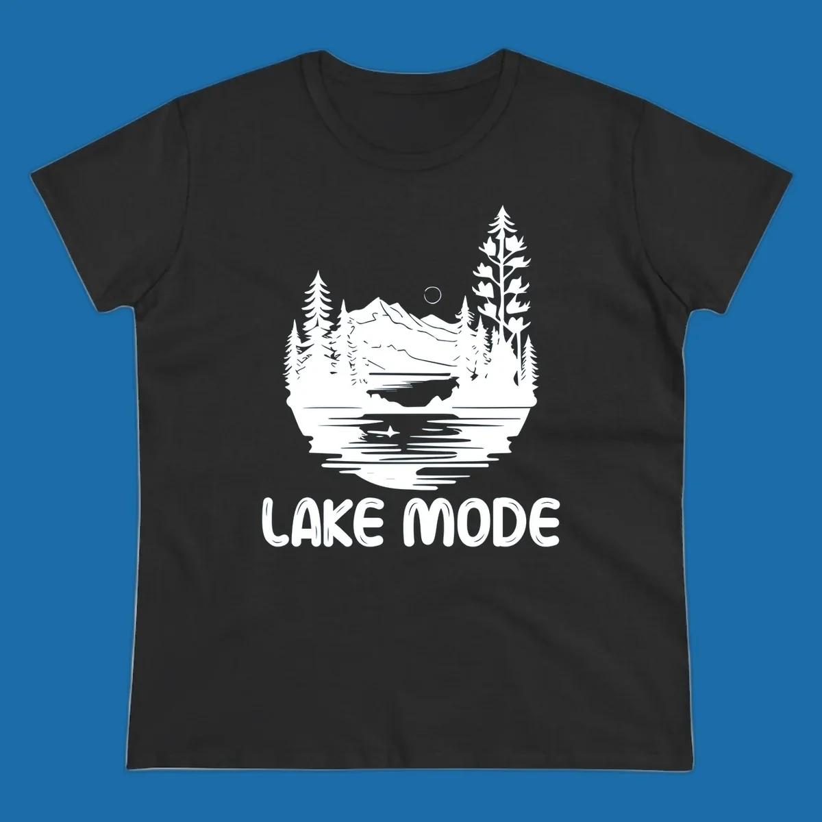Lake mode mountain landscape with trees and moon, text 'LAKE MODE'.