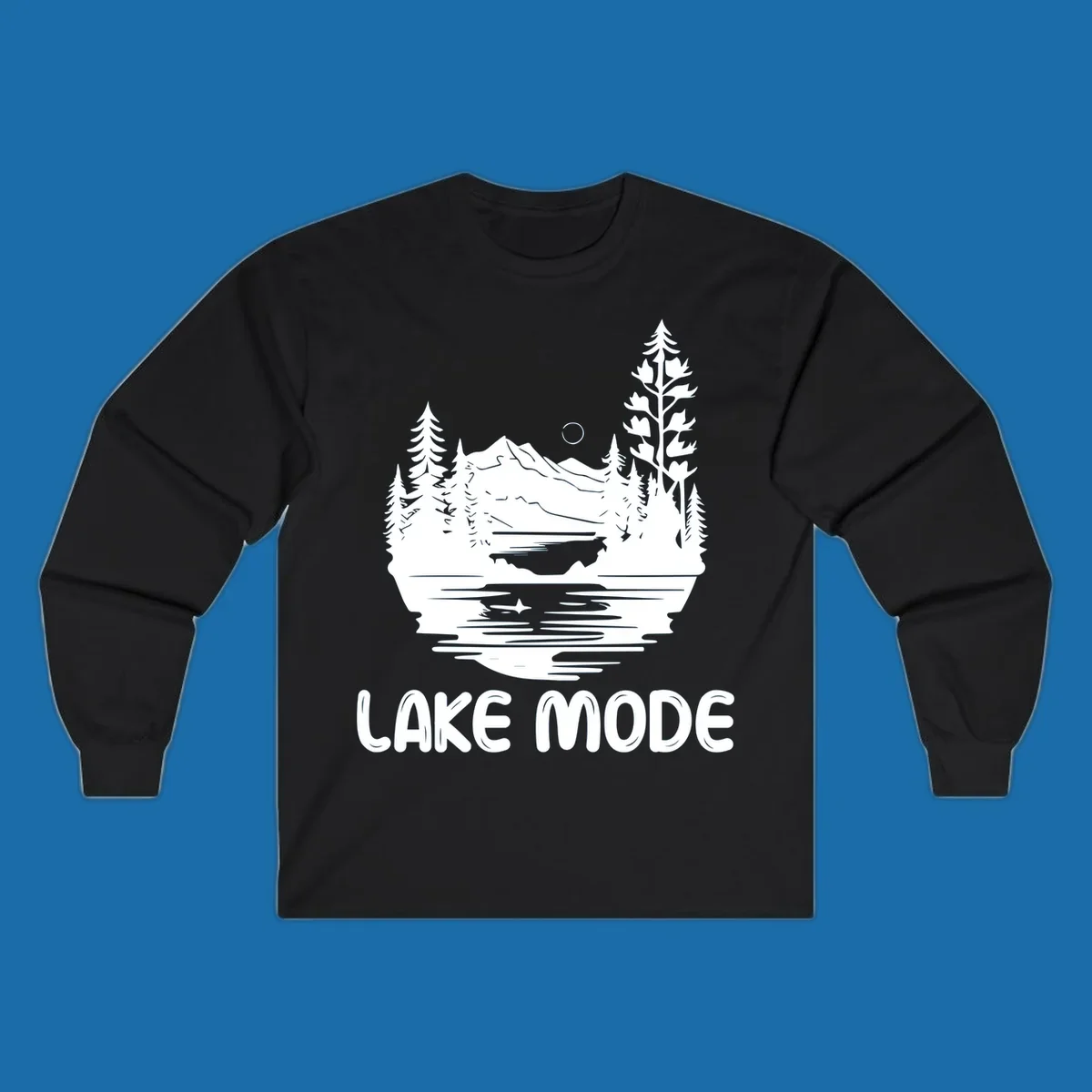 Lake mode mountain landscape with trees and moon, text 'LAKE MODE'.