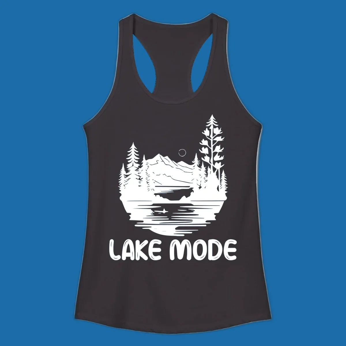 Lake mode mountain landscape with trees and moon, text 'LAKE MODE'.
