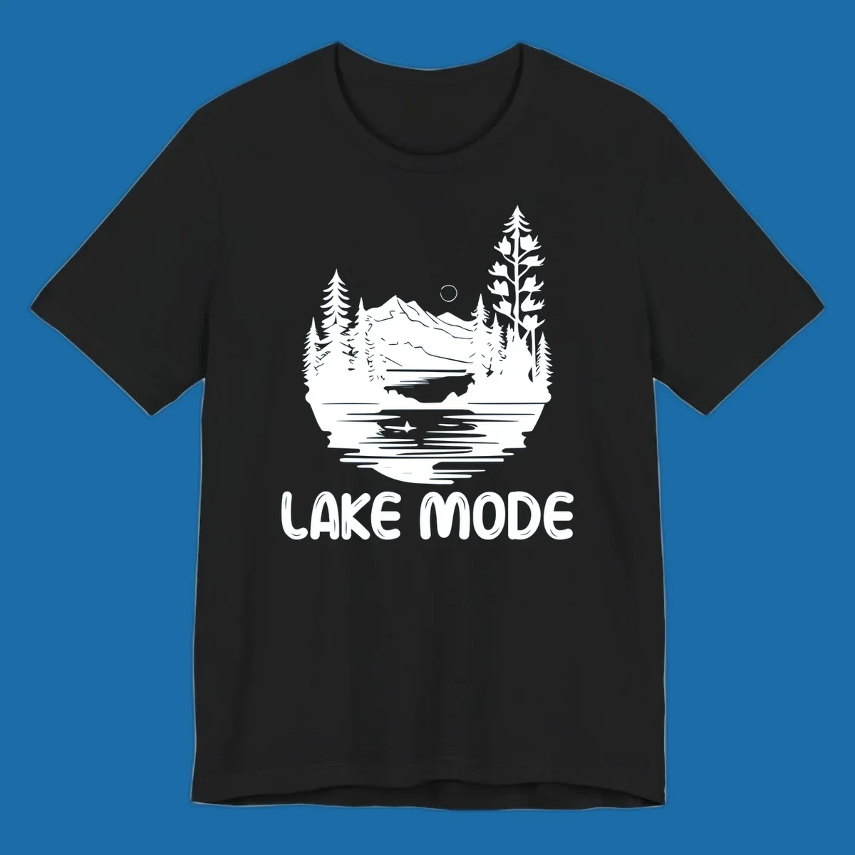 Lake mode mountain landscape with trees and moon, text 'LAKE MODE'.