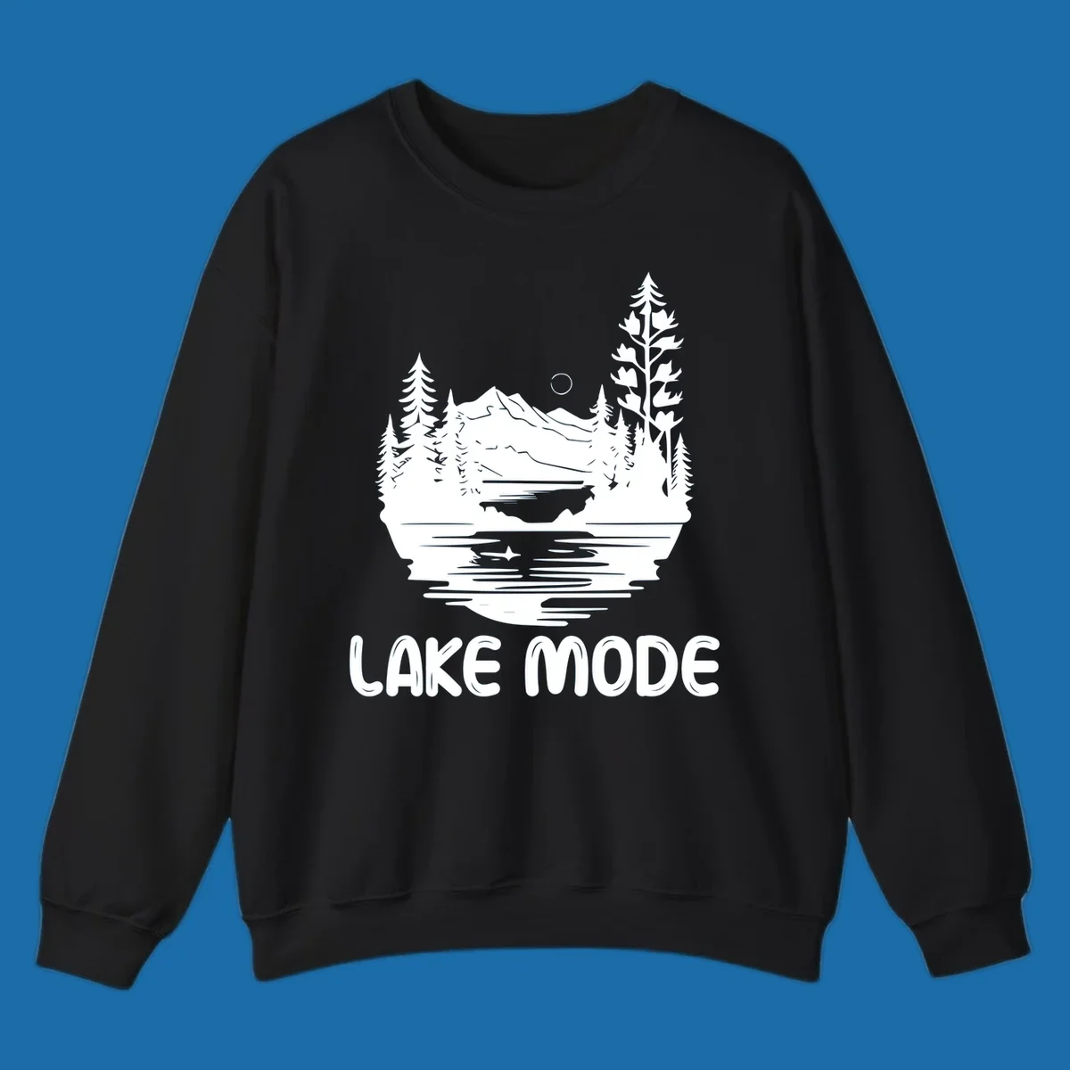 Lake mode mountain landscape with trees and moon, text 'LAKE MODE'.